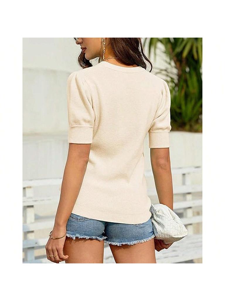 Women's Puff Short Sleeve Knit Sweater Crew Neck Lightweight Pullover Blouse Top