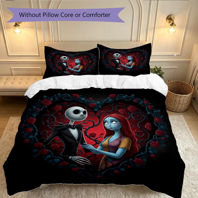 3pcs Halloween Jack Sally Skull Duvet Cover Set for Dorm Room Guest Room Decor, Soft Breathable, Not Comforter Set