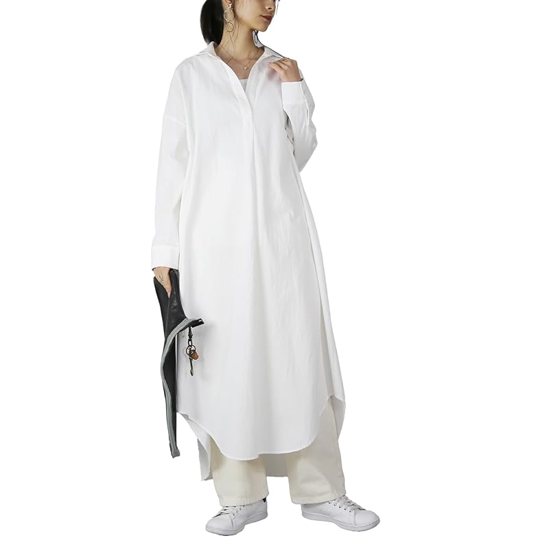 

[And It] 4type long sleeve shirt dress 100% cotton ladies wide body shape cover Haori L Off/Skipper A/long