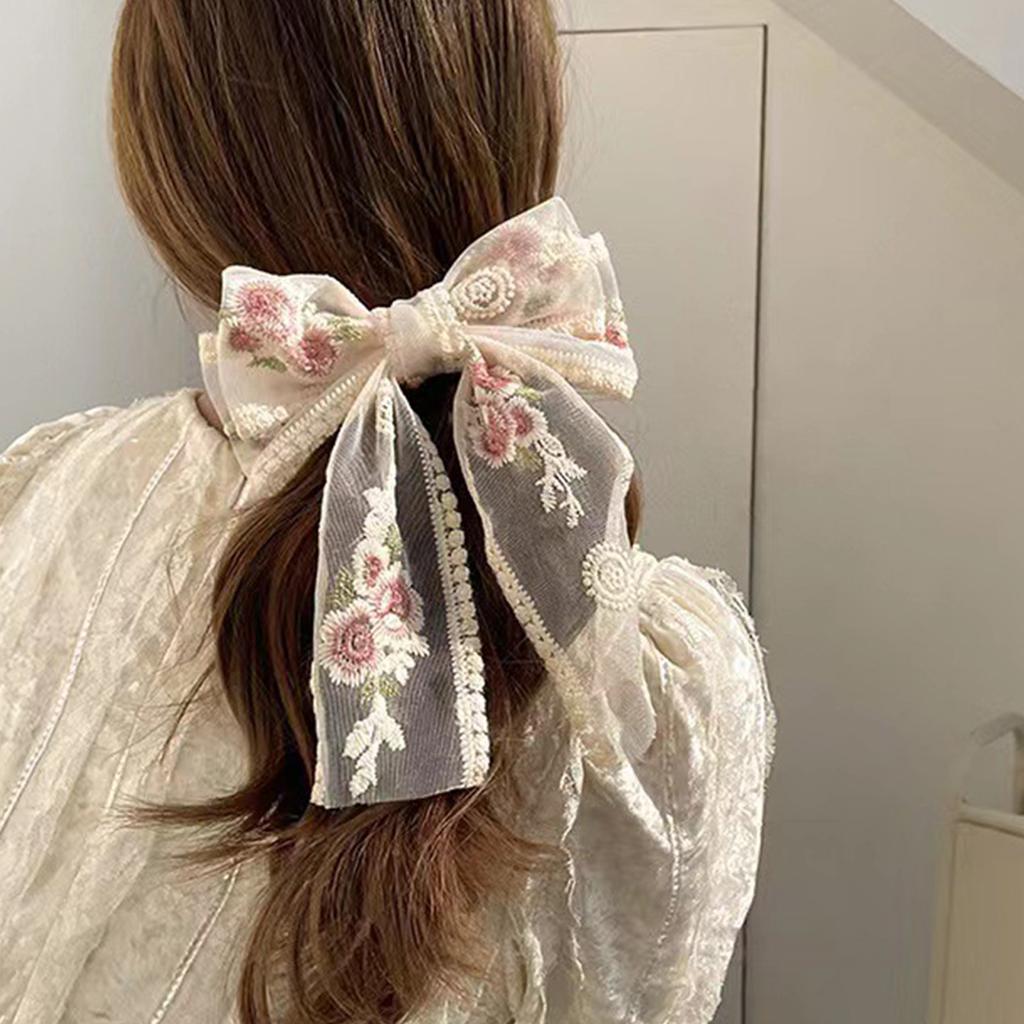 Lace Bow Elegant 2000s Style Side Clip Bow Hair Clip Sweet Girls Floral Embroidered Flower Large Bowknot Balletcore