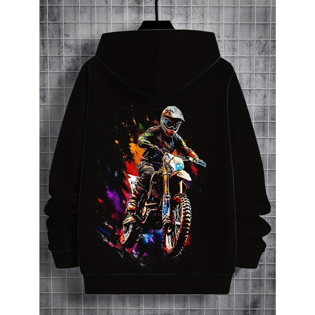 Boys' Colorful Motorcycle Rider 3D Printed Long Sleeved Hooded Sweatshirt, Boys' Spring and Autumn Sportswear