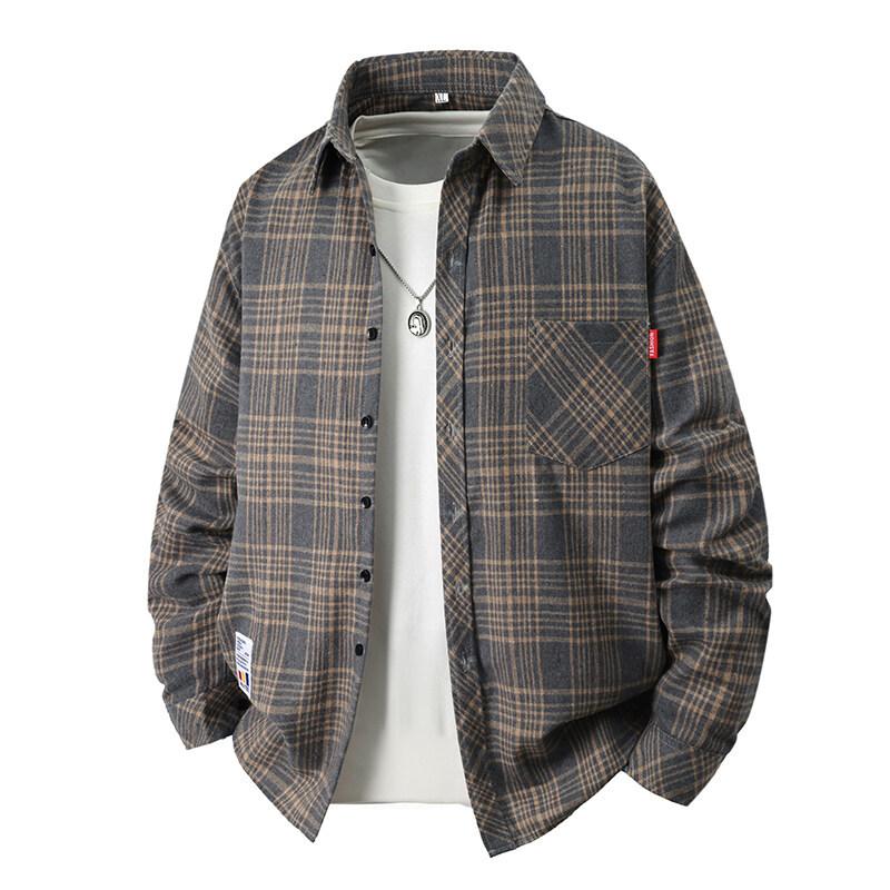 Men's Plaid Long-sleeved Shirt Trendy Versatile Simple Loose Youth Shirt