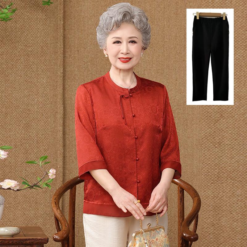 Women's Tang Suit Top: Seven-Sleeve Chinese Style for Middle-Aged & Elderly