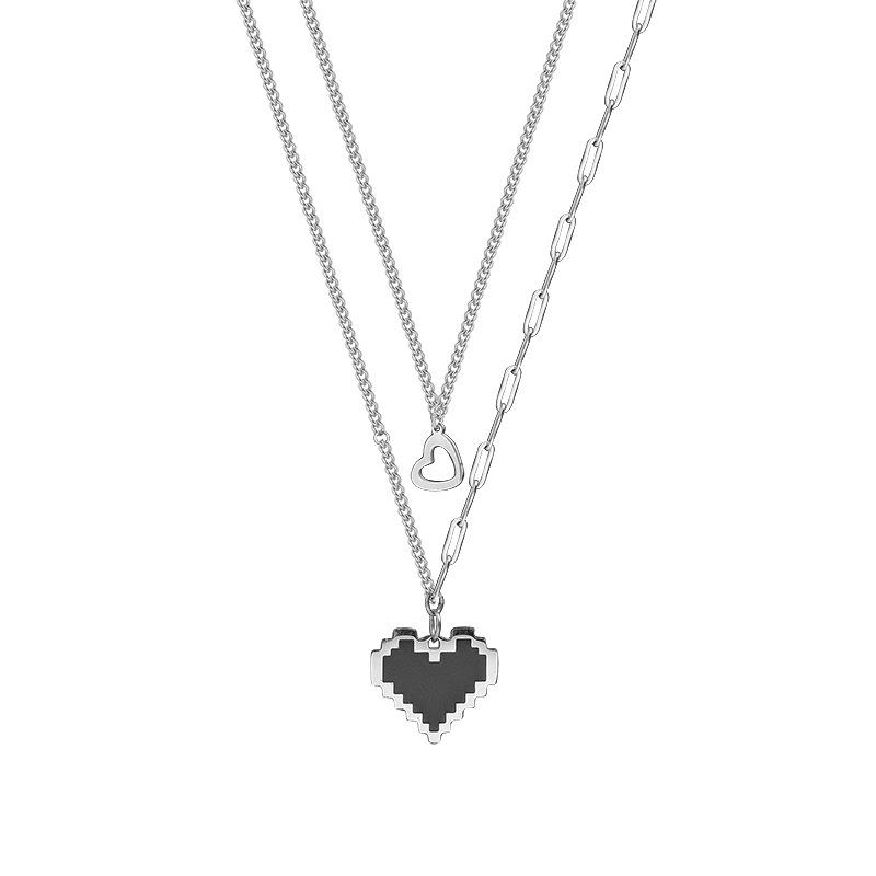 Black pixel love double layer stacked necklace summer 1111 new design accessories tide titanium steel chain