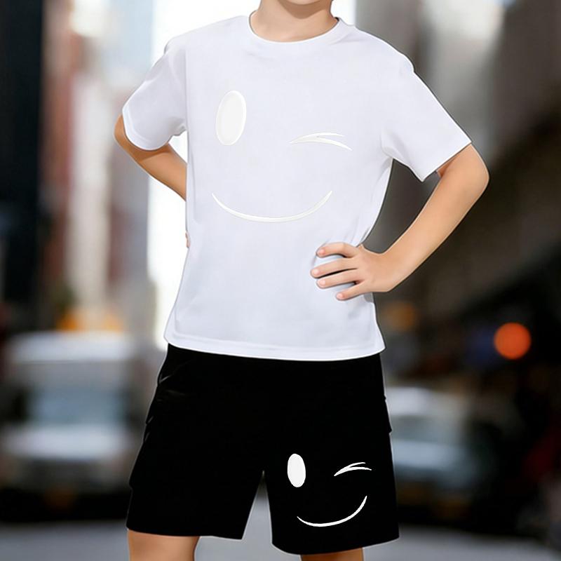 

Boys 2 Piece Cartoon smiley face printed Outfit, Short Sleeve T-Shirt and Shorts Set for Kids Age 5-14,White,Black Sporty Casual Summer Clothes 13-14 Years білий