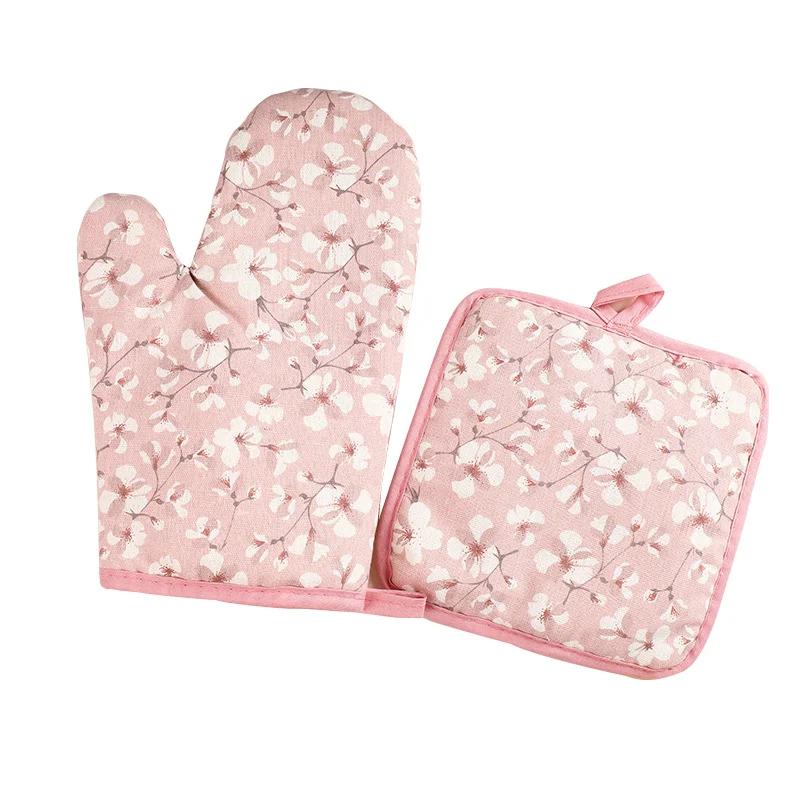 2pcs Microwave Oven Long Cotton Glove Ironing Mat Set Romantic Cherry Blossom Oven Insulation Heat Resistant Kitchen Baking Tool