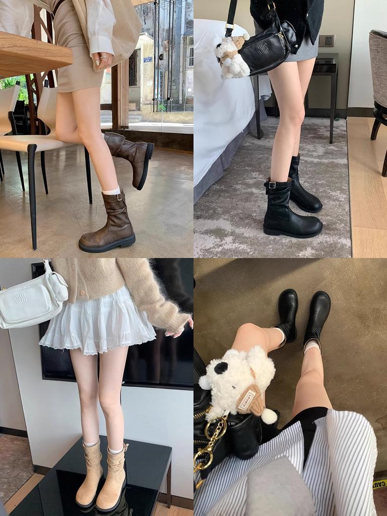 Grape mother autumn and winter new retro short boots Korean version pleated piling boots comfortable thick-soled Martin boots wear thin boots
