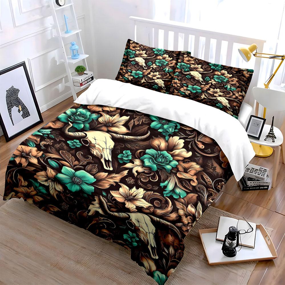 Skull and Floral Pattern Design Bedding Duvet Cover Set  (1*Duvet Cover 2*Pillowcases, Without Duvet Insert)