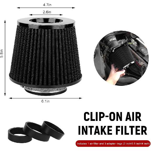 Clamp-on Air Intake Filter, 3 In/3.5 In/4 In Round Tapered Vehicle Air Filters for Enhanced Engine Power, Washable Cone Engine Filter Replacement for