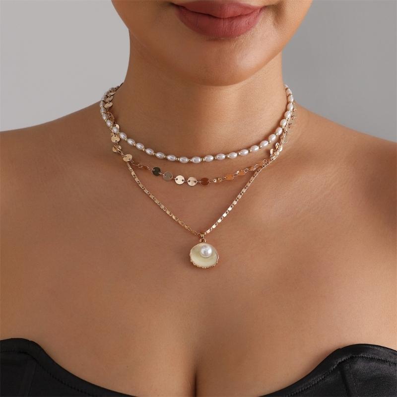 Layering Imitation Pearls Shell Pendant Necklace Neckchain With Geometric Alloy Charm Versatile Jewelry Accessory