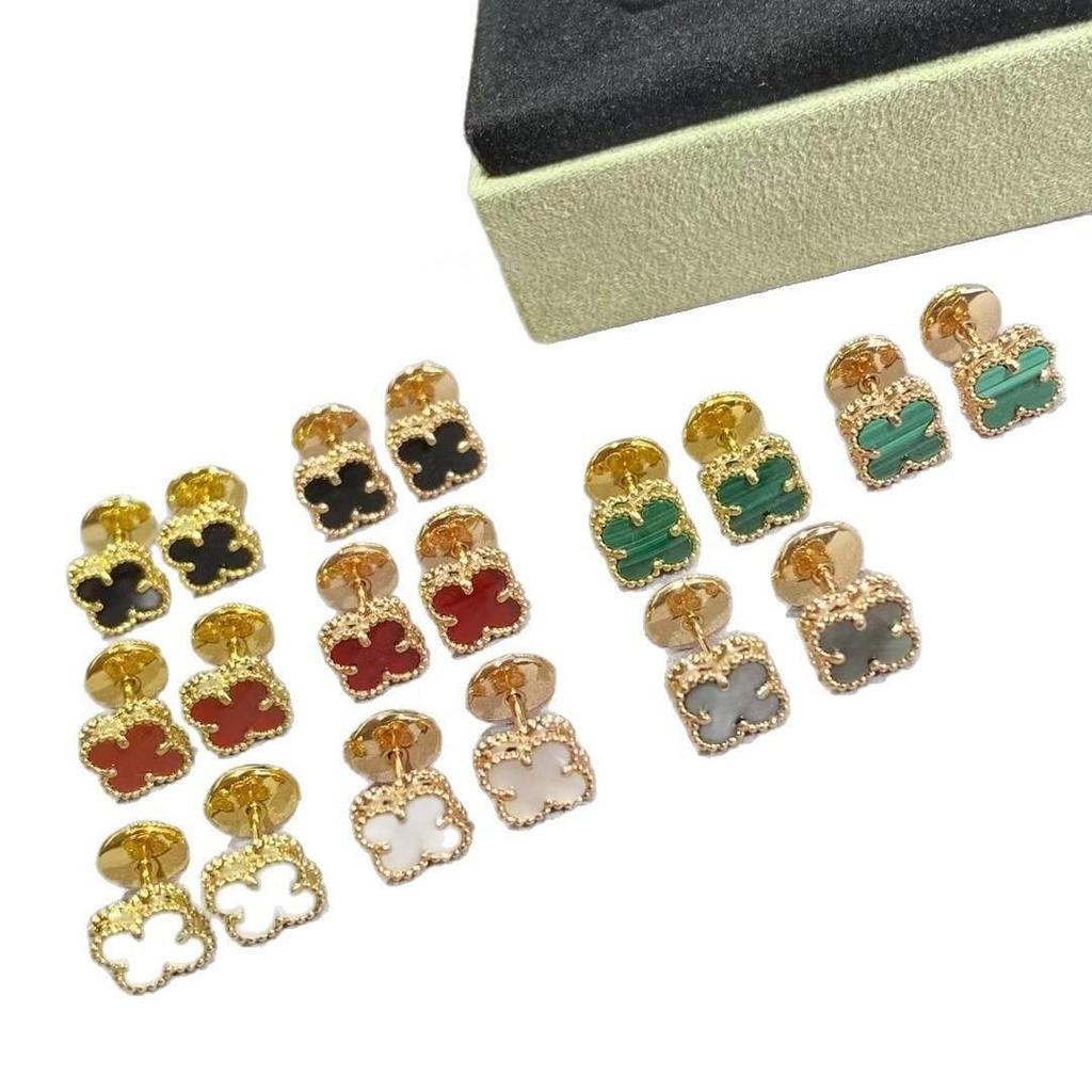 High-Version 18K Rose Gold Earrings: Four-Leaf Clover with White Mother-of-Pearl & Red Agate - Fashionable, Luxurious, INS Style.