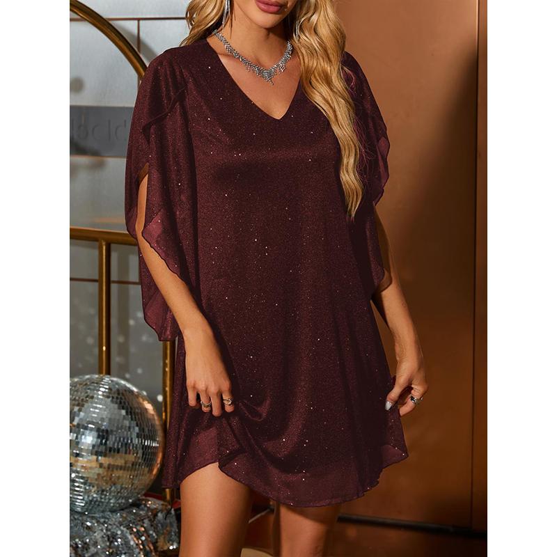 Women's V-Neck Party Dress with Foil Print Short Sleeve Elegant Evening Gown Holiday Celebration