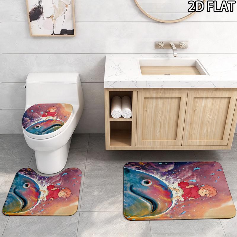 3pcs Ponyo2 Pattern Flannel Nonslip Absorbent Washable Decorative Bathroom Home Toilet Seat Cover Mat