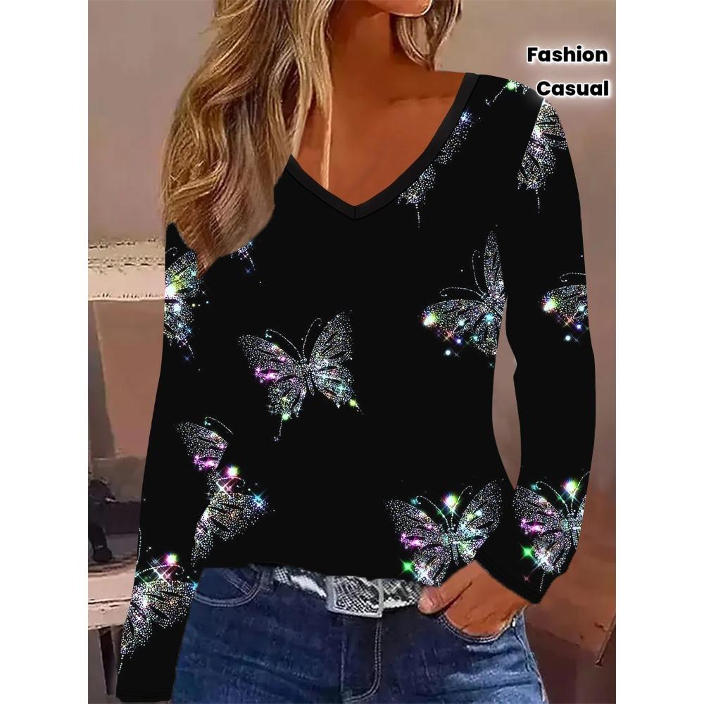 Fashion Women S Clothing Women S Fashion Casual Style Autumn Winter V-Neck Butterfly Print S