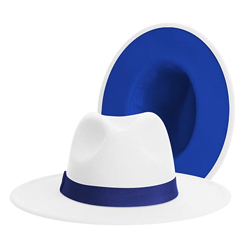 Klasyczny Na zewnątrz biały wewnątrz niebieski Patchwork Szerokie Rondo Kapelusz Fedora Mężczyźni Kobiety Dwukolorowe Filcowe Kapelusze Fedora Kapelusz Kowbojski Jazzowy Brązowy Pasek