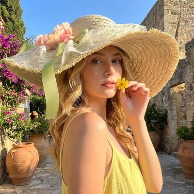 Peony Raffia Straw Hat Wide-brimmed Beach Sun Hat Fashion Fisherman's Hat  For Summer Outings