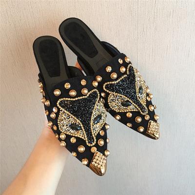 Summer  Women Pointed Toe Flat Slippers Novelty Black Pink Rhinestones Luxury Brand Mules Shoes Outsides Ladies Slides