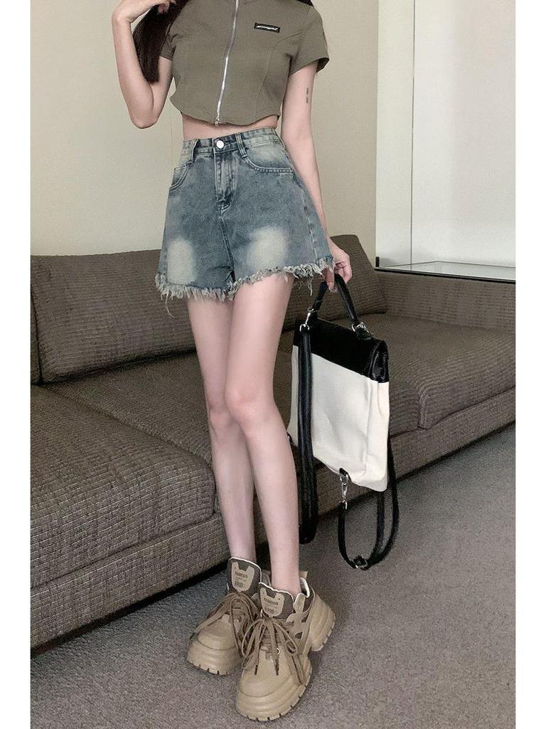 Women's High Waist Frayed Denim Shorts - Loose, Retro A-Line, Wide-Leg Summer Hot Pants