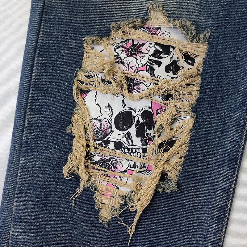 Jeans Rasgados con Calavera de Moda para Mujer - Estilo Europeo y Americano, Pierna Recta, Dobladillo Enrollado, Pantalones de Talla Grande