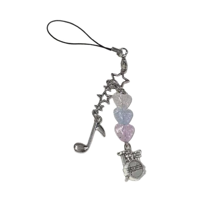 Beaded Keychain Stylish Three Tone Heart Bead Drum Note Cellphone Hanging Ornament Versatile Bag Charm for Trendsetters 1