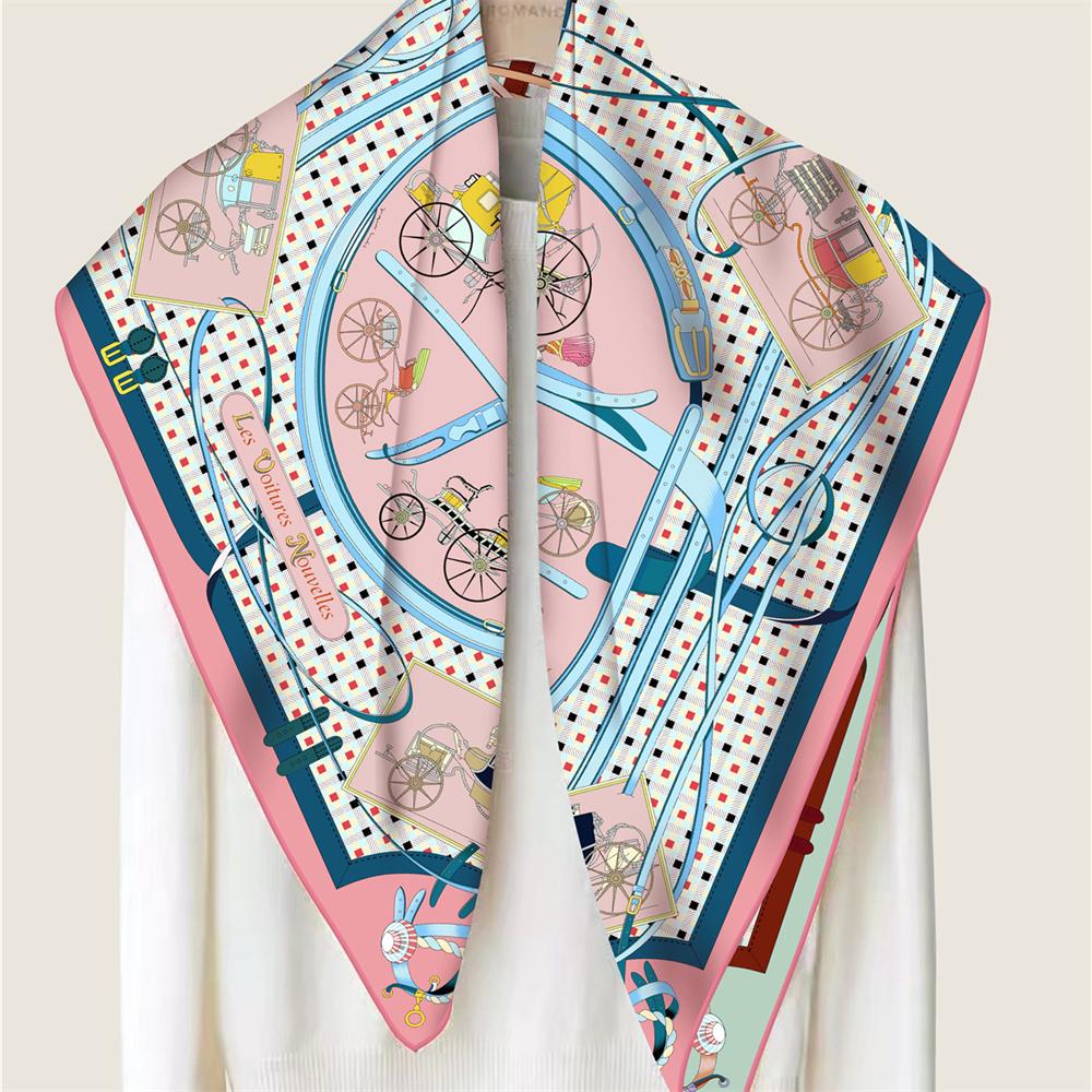 POBING Hand Rolled Twill Silk Scarf Women Horse Carriage Double Print Square Scarves Wraps Echarpes Foulards Femme Hijab 90CM