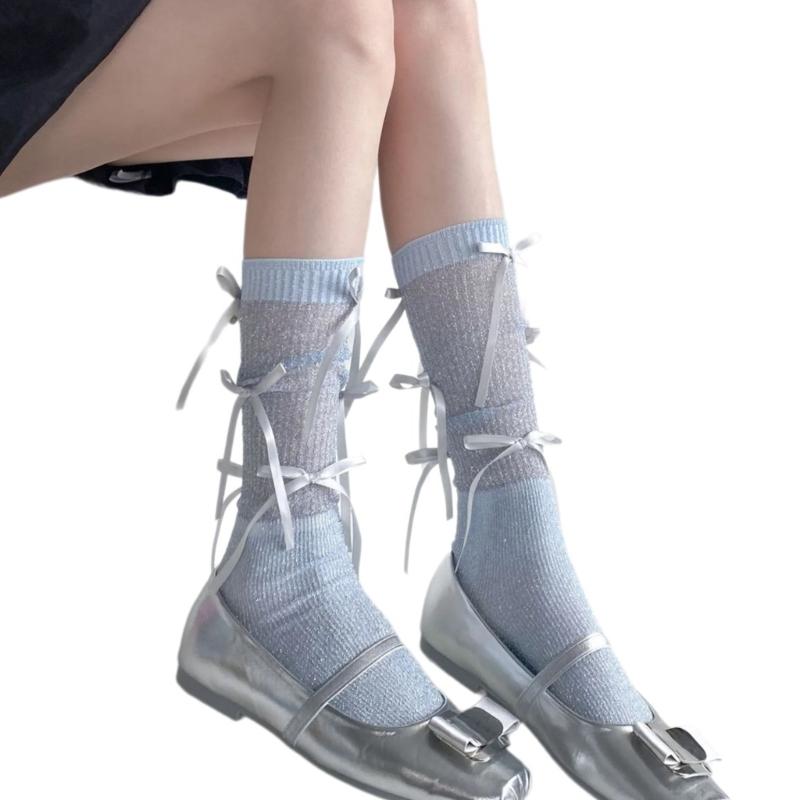 Japanischer Stil Schimmerndes Netz Spleißende Gerippte Über die Wade Socken für Damen Mädchen Niedliche Schleife Schleifenknoten Lange Strümpfe