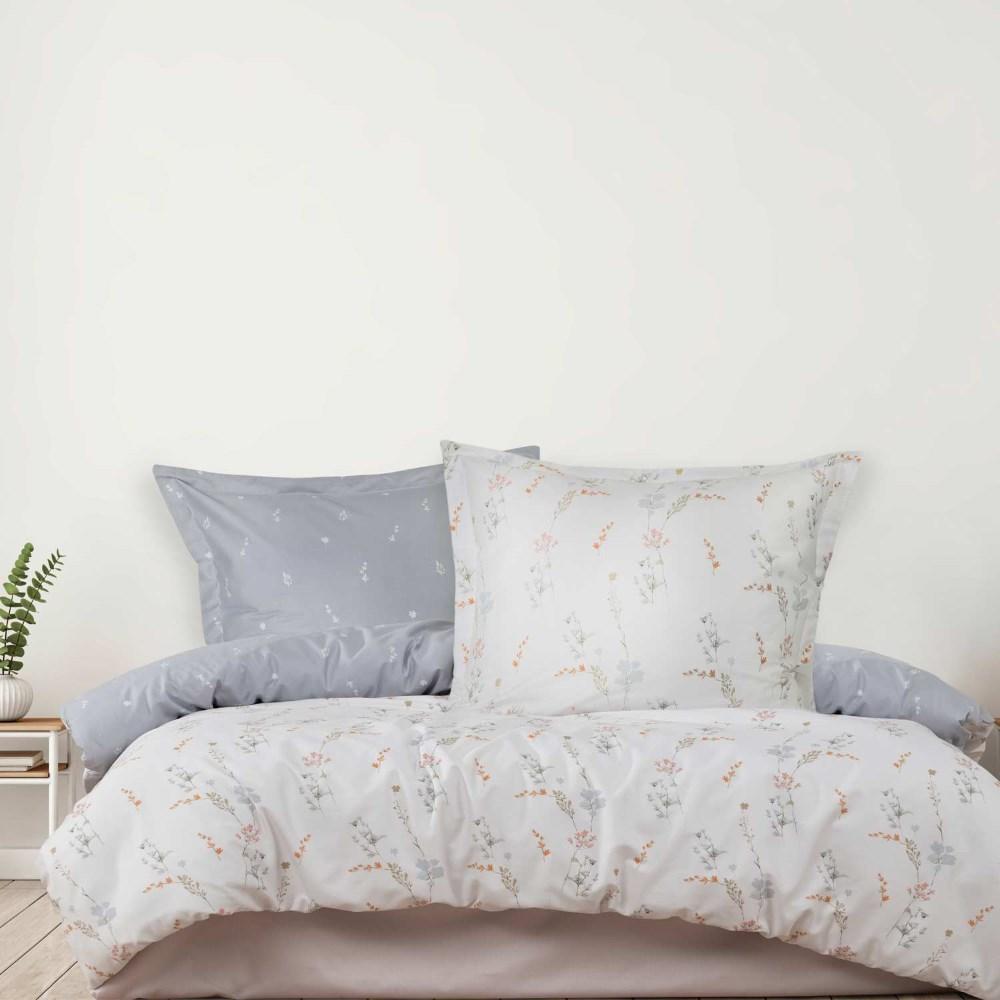 Cotton satin bedding 220x200 Luxury Premium Perimelis white with delicate gray flowers