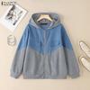 Women Casual Hoodies Long Sleeve Patchwork Zipper Sweatshirt Outwaear