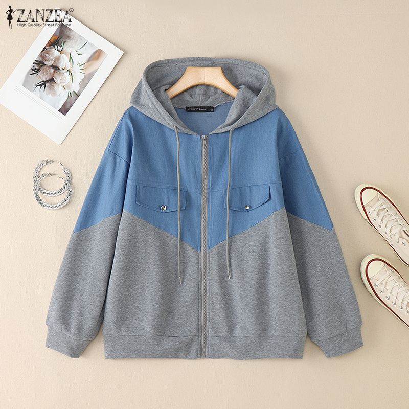 ZANZEA Women Casual Hoodies Long Sleeve Patchwork Zipper Sweatshirt Outwaear