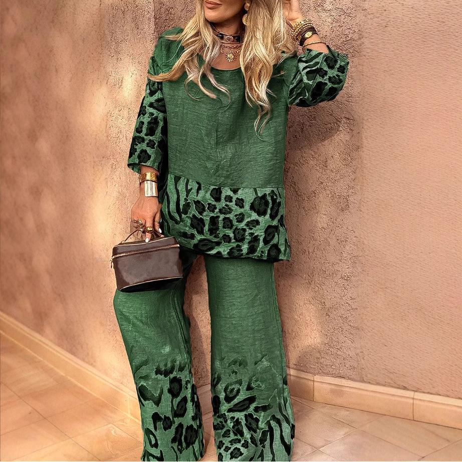 2025 Women's Casual Leopard Print Cotton Linen Two-Piece Set