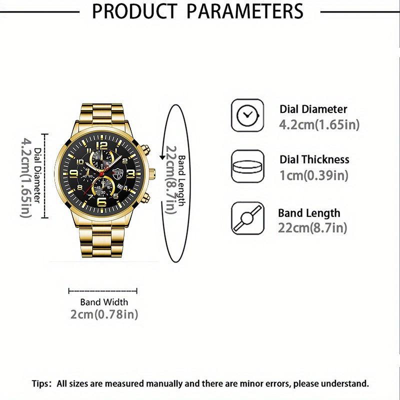 3pcs/set Fashion Men's Casual Quartz Watch Stainless Steel Wrist Watch & Bracelet & Necklace, Men's Gifts