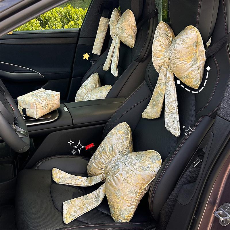 New car headrest waist rest new Chinese creative car decorative throw pillow bow streamer car cushion