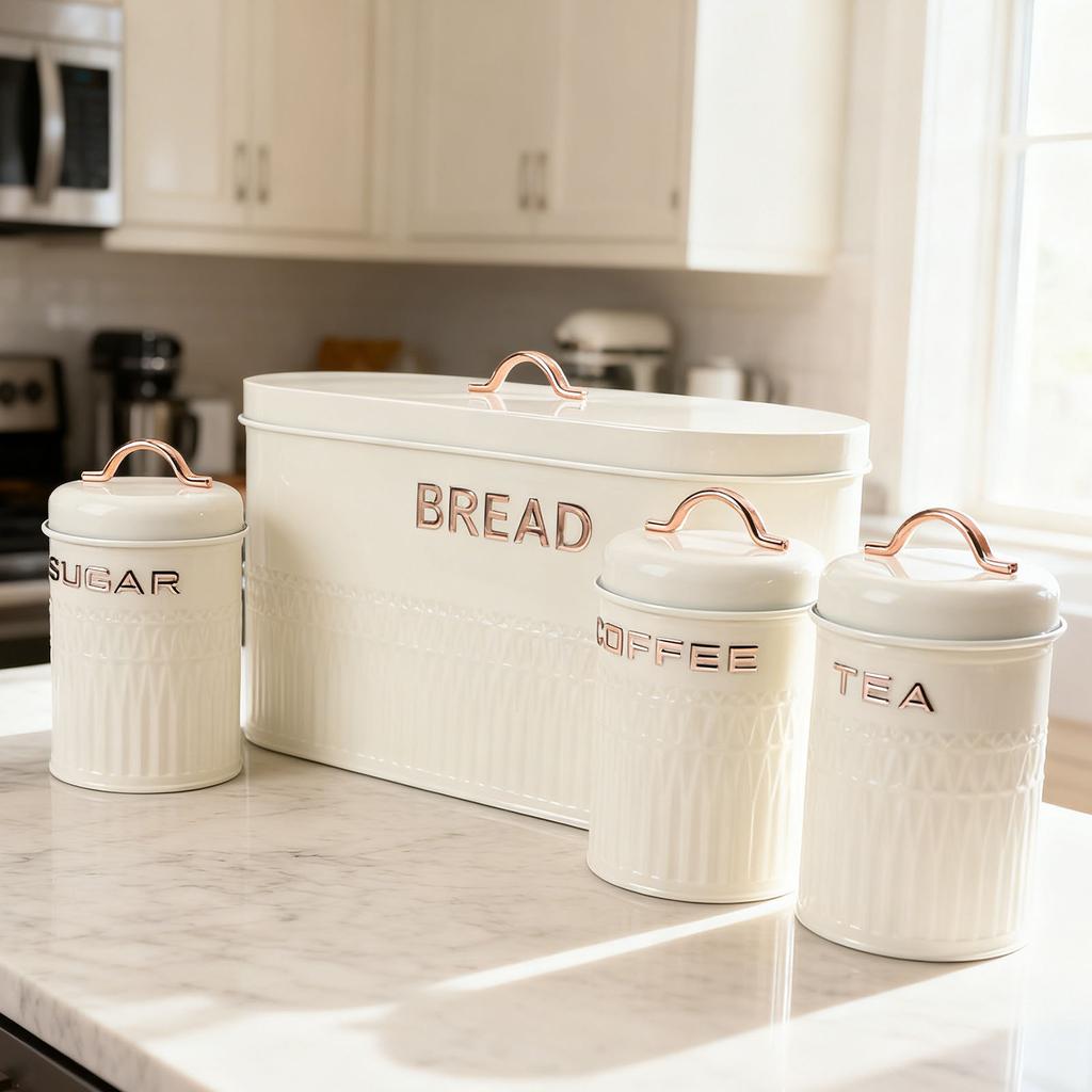 Set da 4 pezzi: Porta pane e barattoli in ferro per cucina, Caffè, Tè, Zucchero, Porta pane in metallo per piano di lavoro