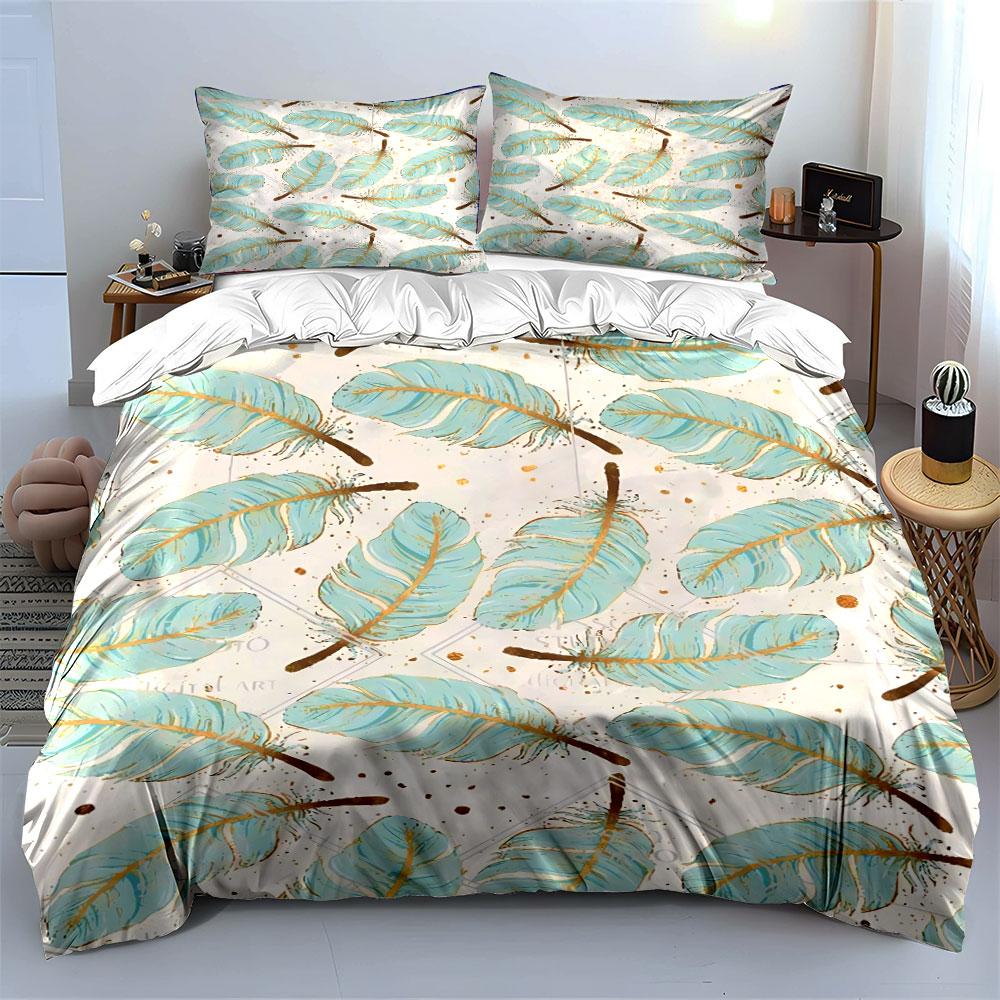 Light Blue Feather Print Bedding Bedding Duvet Cover Set Duvet Cover Pillowcases  (1 * Duvet Cover 2 * Pillowcases, without duvet insert)
