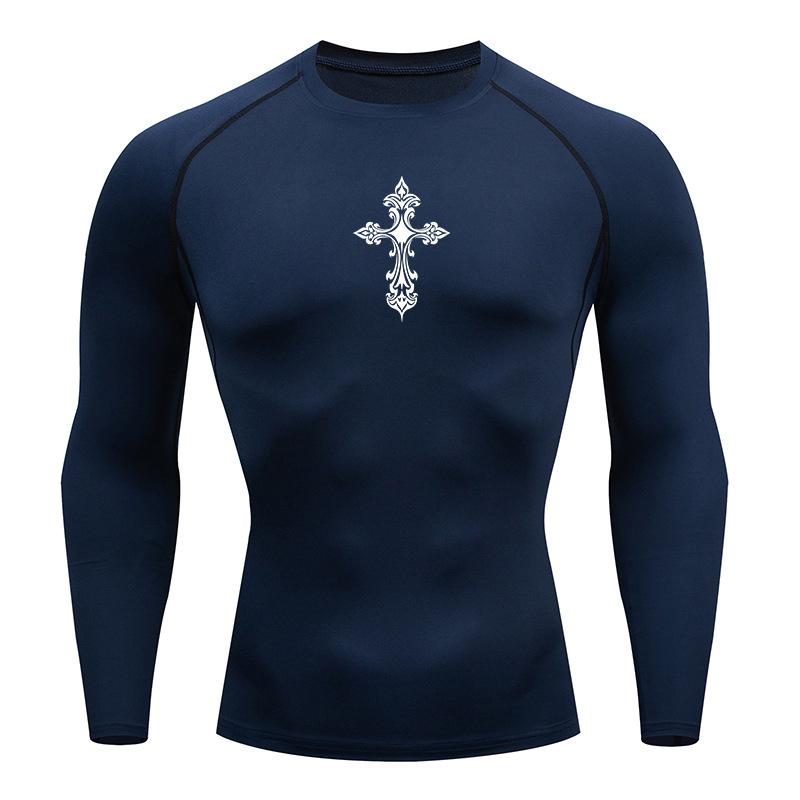 Cross Print Compression Shirts for Men Athletic Quick Dry Tshirt Tees Tops Gym Workout Running Rash Guard Baselayers Undershirts