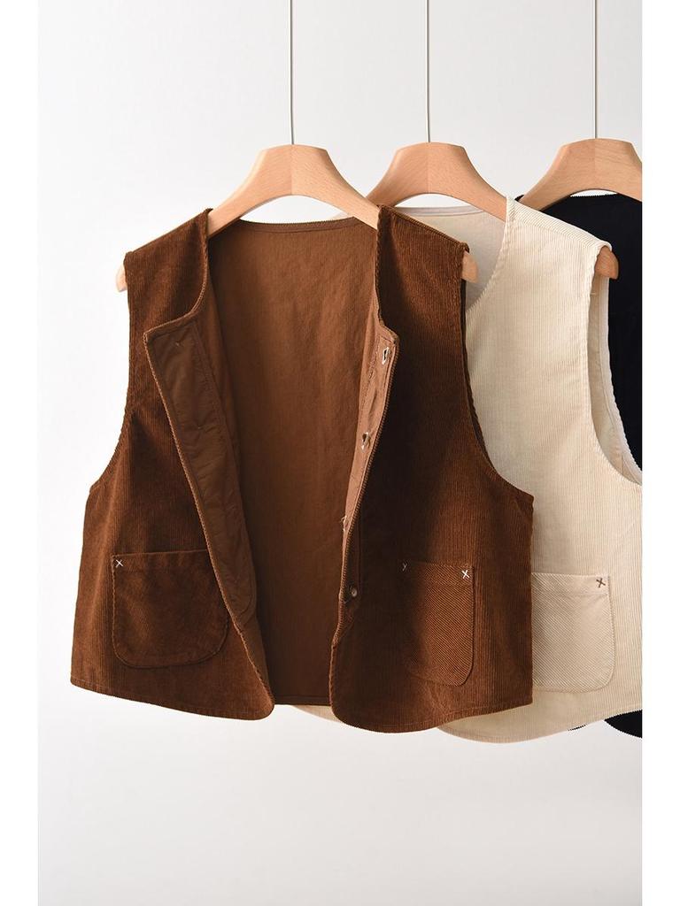 Women's Double-Breasted Corduroy Vest: Versatile Loose Fit, Sleeveless Fashion with Shoulder Pads, Autumn Collection.