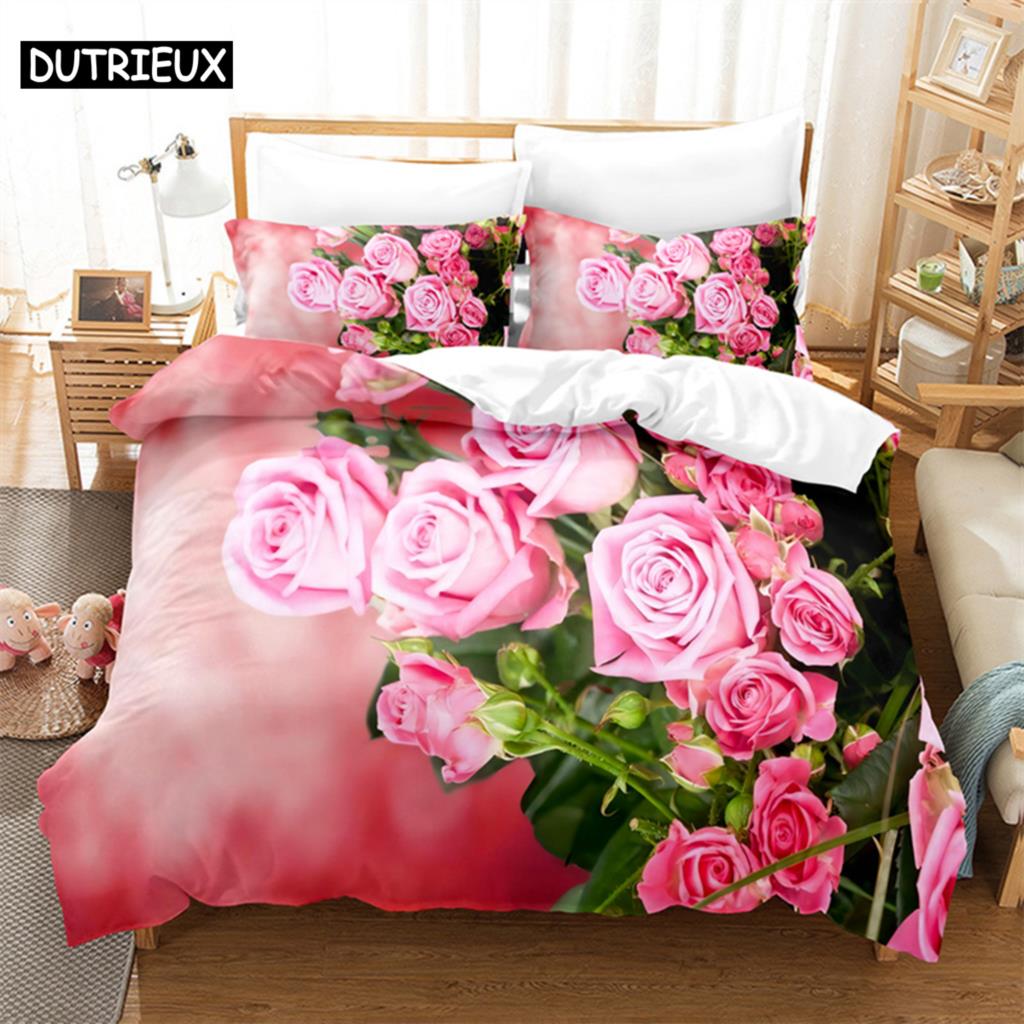 Rosenrosa Verliebte Queen Bettwäsche-Set Bettbezug Kinderzimmer Bett-Set Deckenbezug-Set King-Size Bettbezug-Set Bettwäsche-Sets