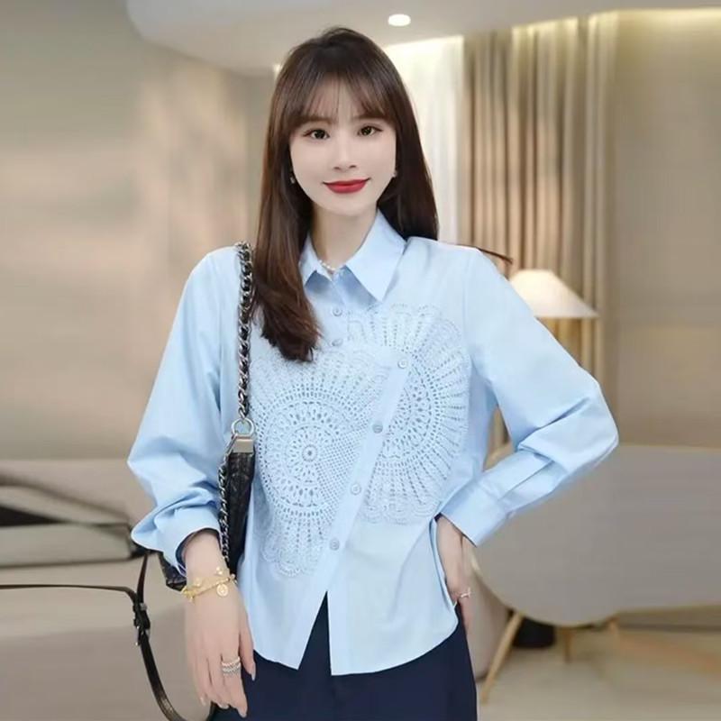 

Блузка для миниатюрных женщин с длинным рукавом, нерегулярным кружевом и вышивкой подсолнухов S 85-100 lbs светло-синий