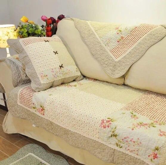 Green Floral Sofa Covers Washed Cotton Quilted Fabric Corner Sofa Towel Pillow Slip Seat Cushion Pastoral