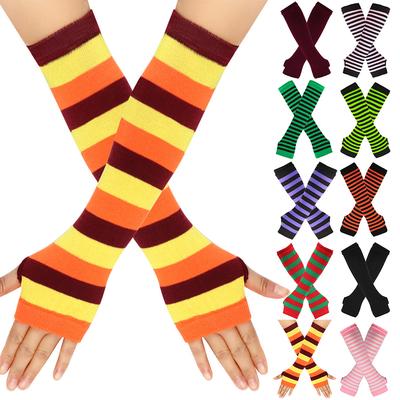Striped Winter Long Gloves Knit Fake Sleeves Warm Half-Finger Fingerless Arm Cover Brace Men Women Work Solid-Wool Soft Gloves