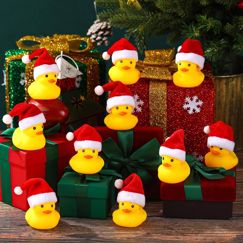 Rubber Ducks with Christmas Hats - Small, Yellow, Floating, Squeaky Bathtub Toys for Girls Boys Shower, Holiday, Xmas