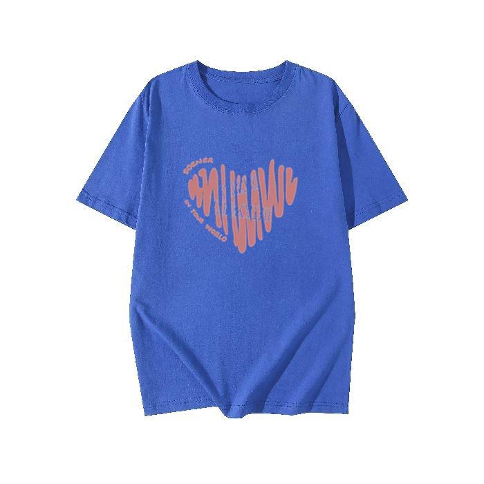 Plus Size Cotton T-Shirt - Women's Summer Short Sleeve Pink Heart Mid-Length Loose European Style
