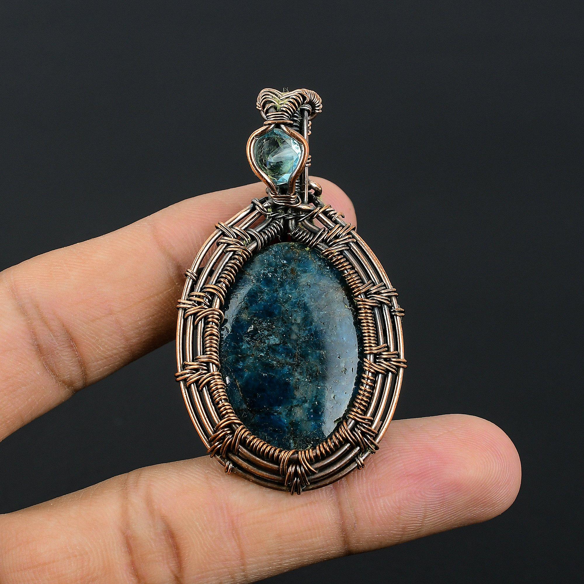 

Neon Blue Apatite & Aqua Apatite Gemstone Pendant 999 Copper Wire Wrapped Jewelry, Handmade Antique Pendant Jewelry, Gift For Mother 2.55 Inches