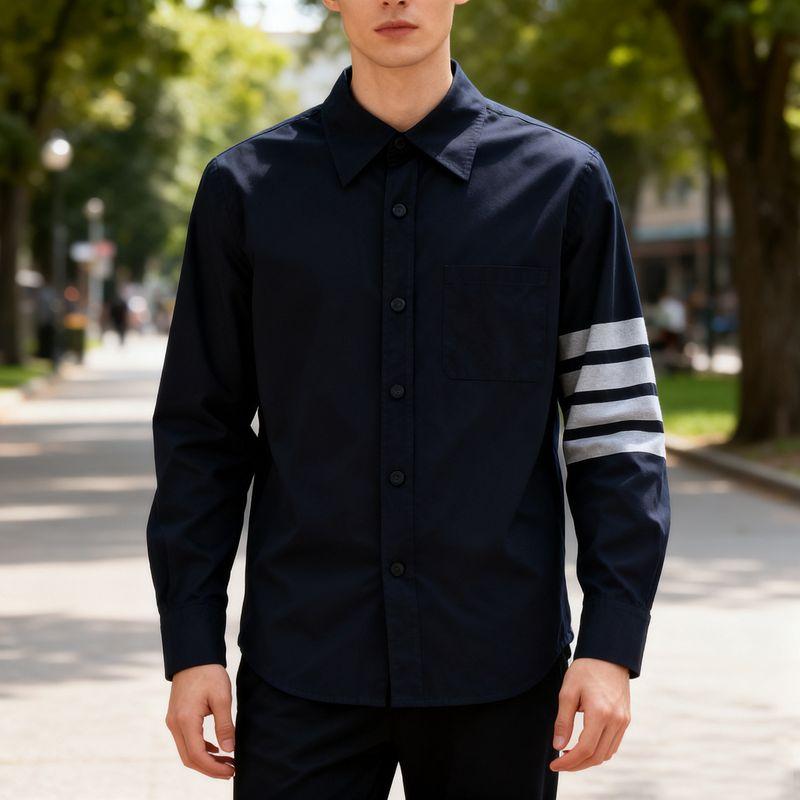 Tb Shirt for Women, Couple Style, Classic Four-Stripe Loose Casual Oxford Fabric Jacket, Long-Sleeve Patchwork Base Shirt for Men