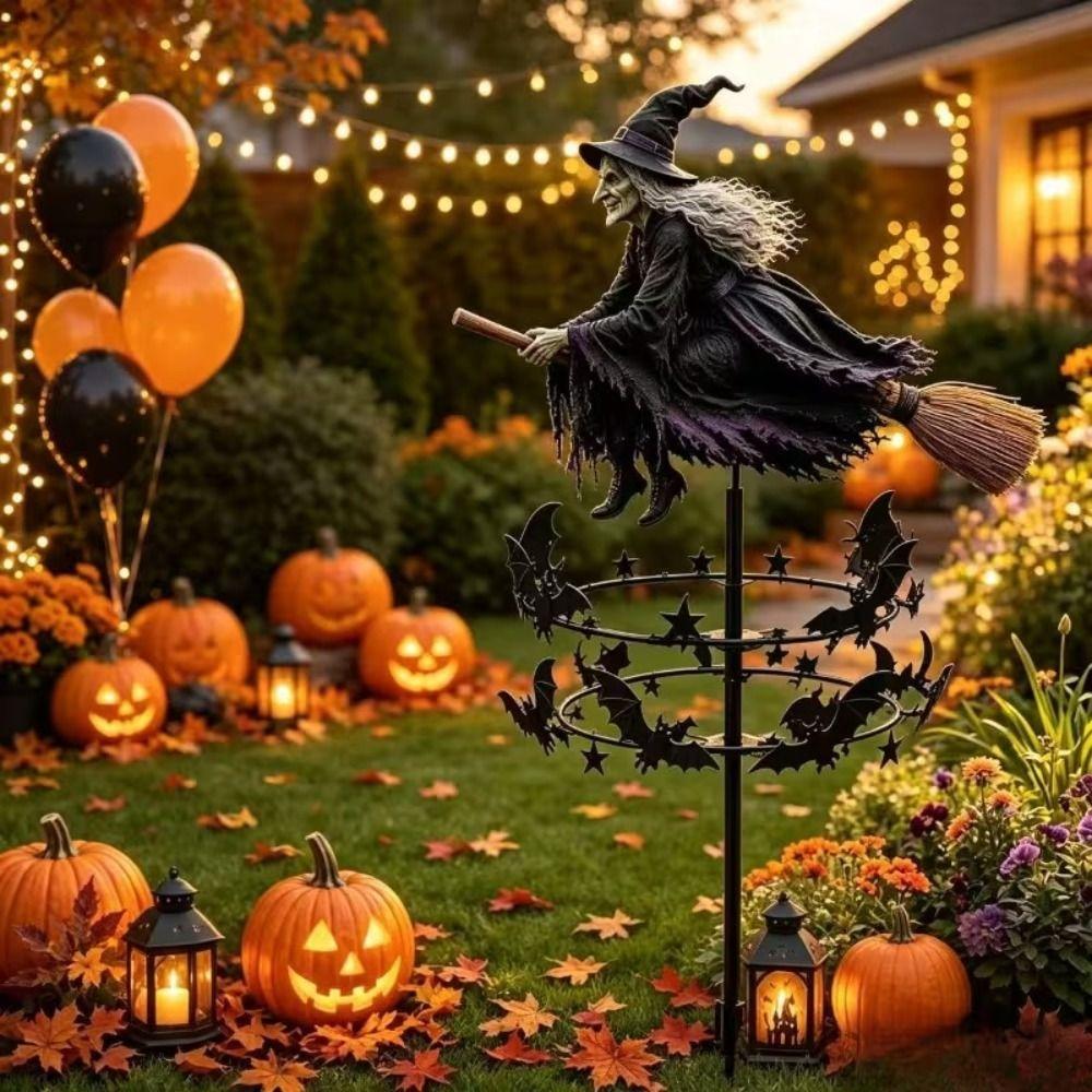 Witch and Bat Pattern Halloween Witch Garden Windmill Metal Halloween Yard Art Outdoor Decor Outdoor Garden Stake Decoration