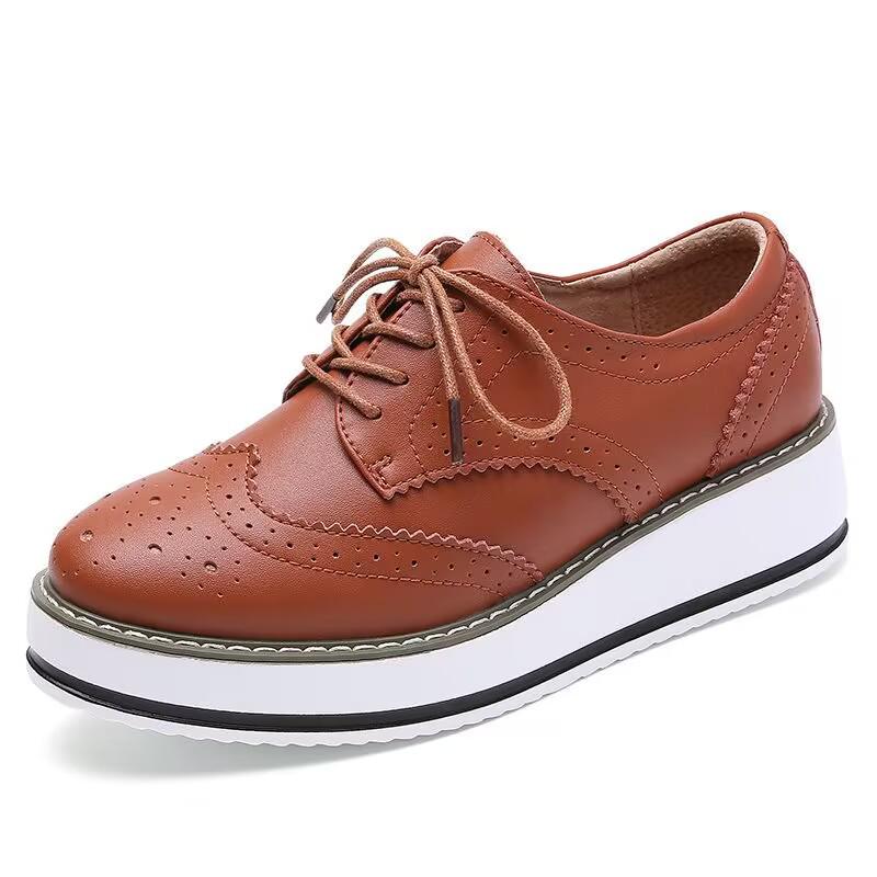 Women's Plus Size Brogue Wedge Heel Lace-Up Leather Shoes - College Style