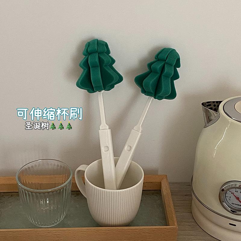 Cartoon Christmas Tree Cup Brush Creative Retractable Pine Sponge Long Handle Cup Brush Bottle Brush Home Convenient Hanging