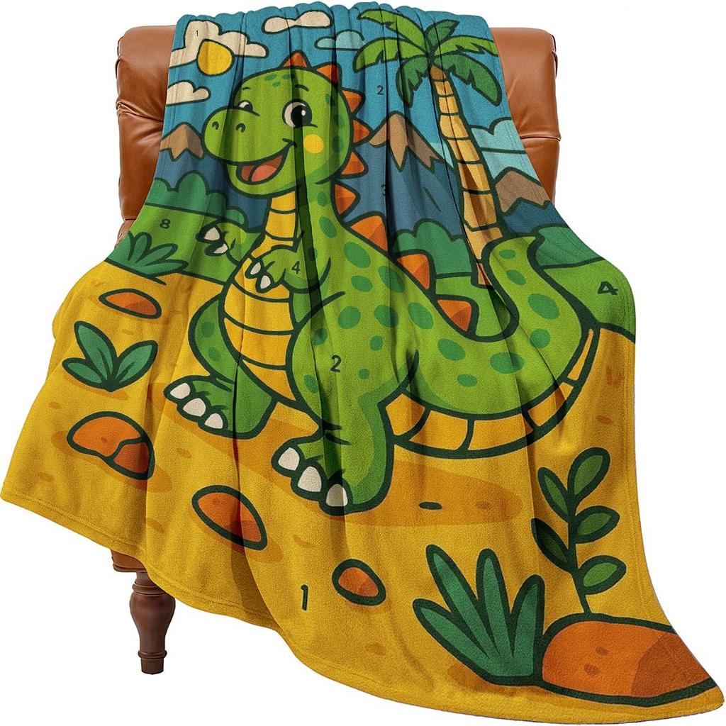 Dinosaur Flannel Throw Blanket – Soft Cozy Fleece Blanket with Cute Cartoon Design, Perfect for Home, Office, Sofa & Car