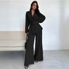 Completo Marrone con Top Scollo a V Manica Lunga con Cintura e Pantaloni a Gamba Larga