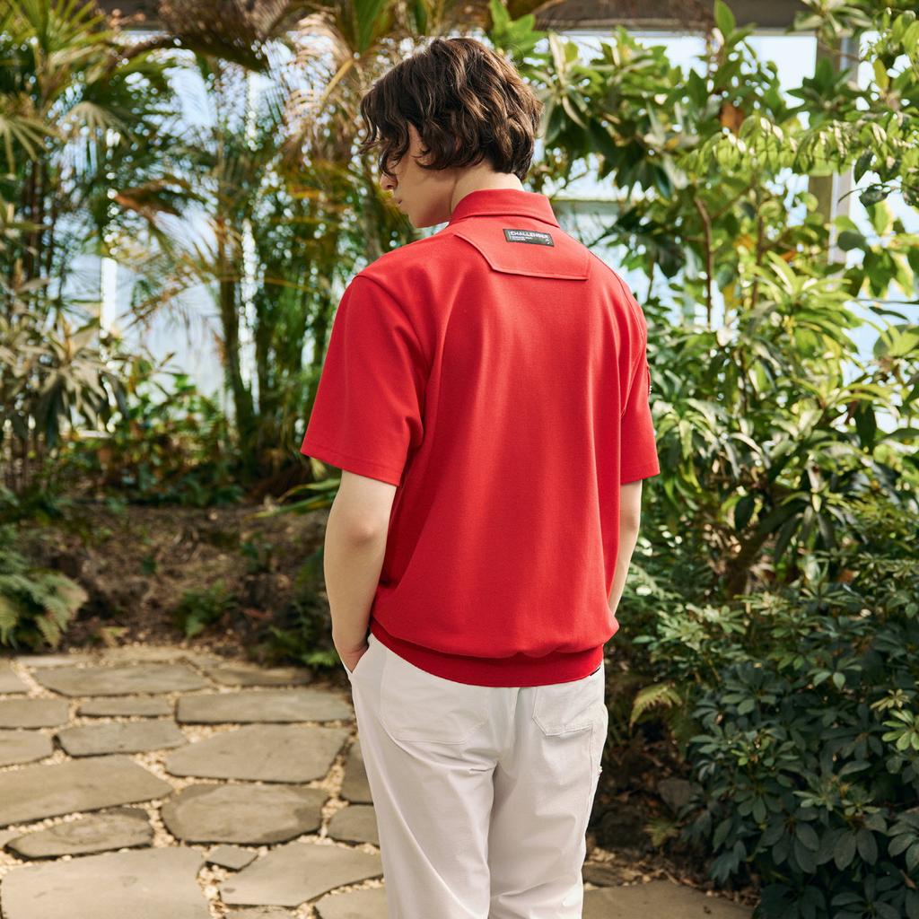 CHALLENGER Men'S Pq Blouson Raglan Cut-Out Short Sleeve Collared T-Shirt Red